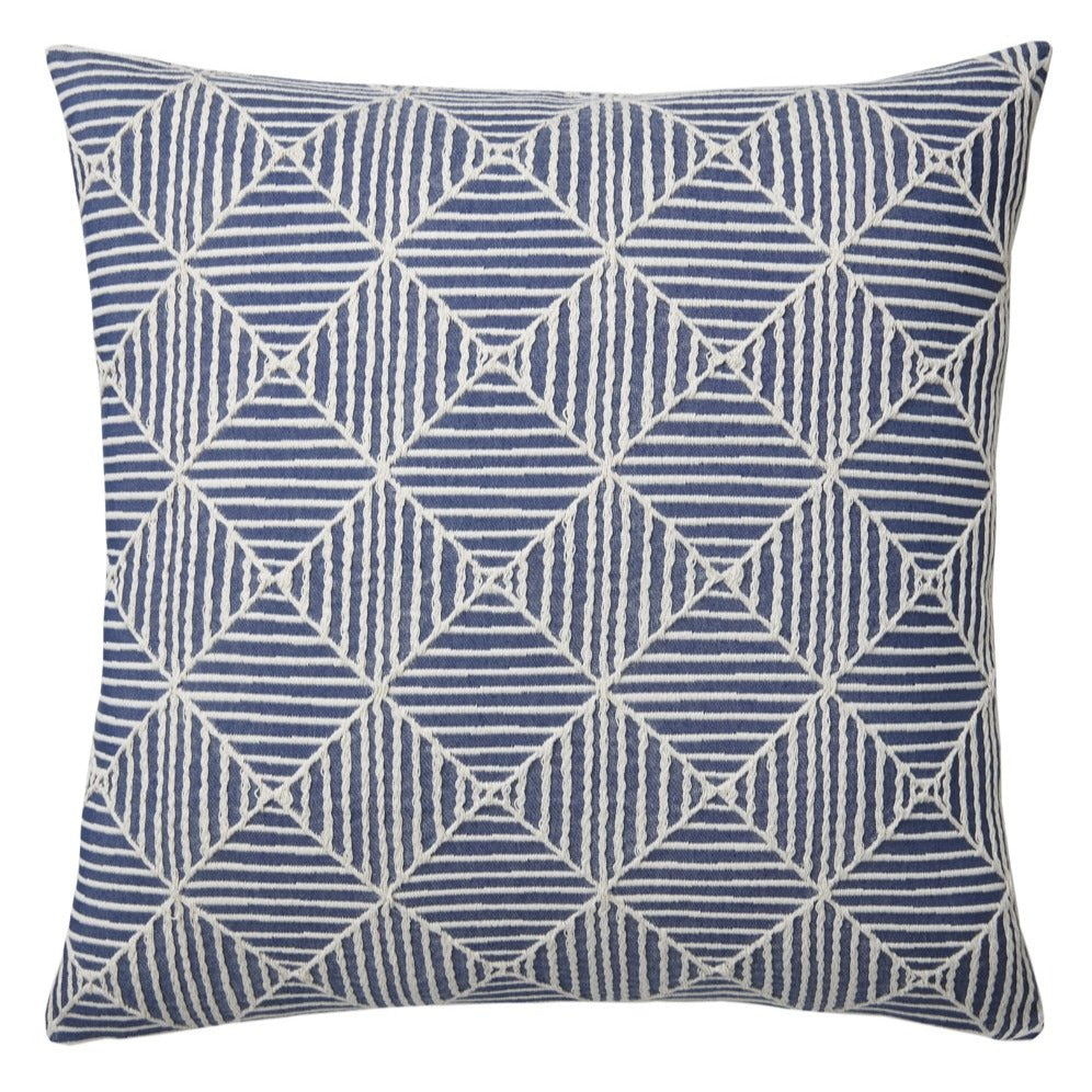 Blue and white stripes play in a geometric pattern in this visually intriguing decorative pillow.