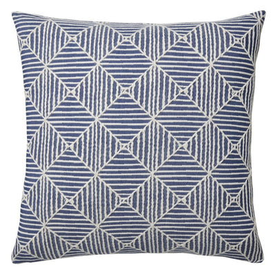 Blue and white stripes play in a geometric pattern in this visually intriguing decorative pillow.