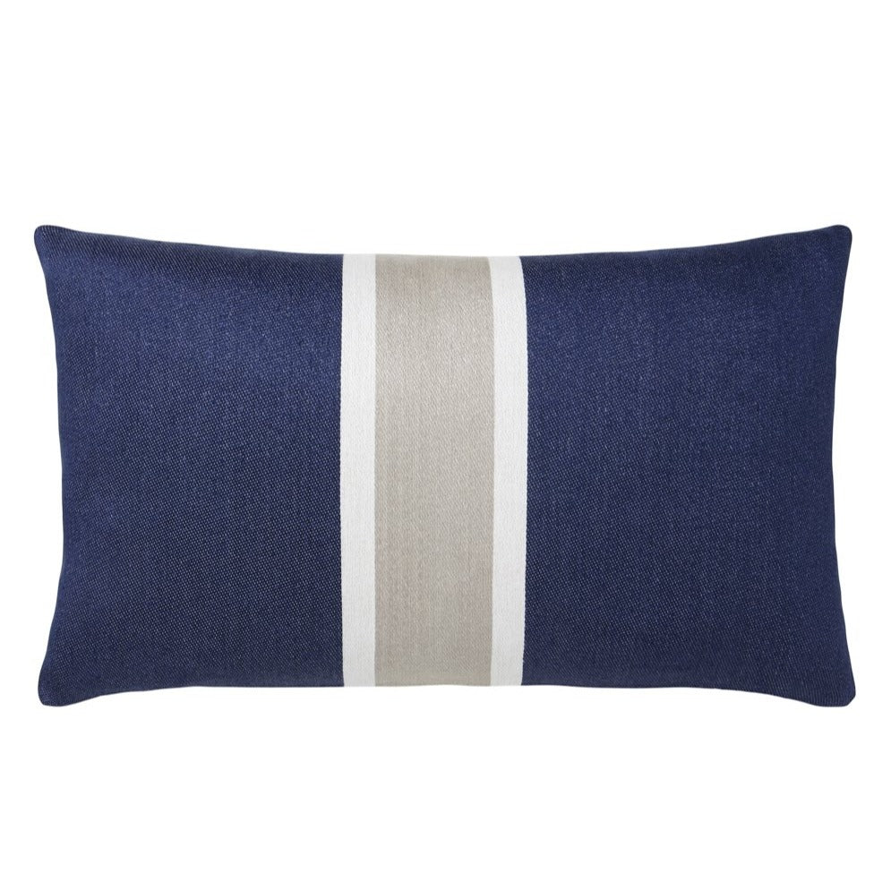 Rich, indigo blue is lightened with white and beige stripes in this elevated, classic pillow.