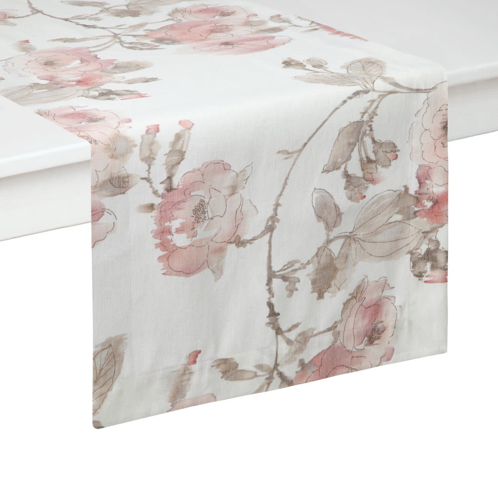 Draw your guests to the table with the whimsical pink florals of this stunning runner. Its muted colors and casual design add a touch of elegance to any event.