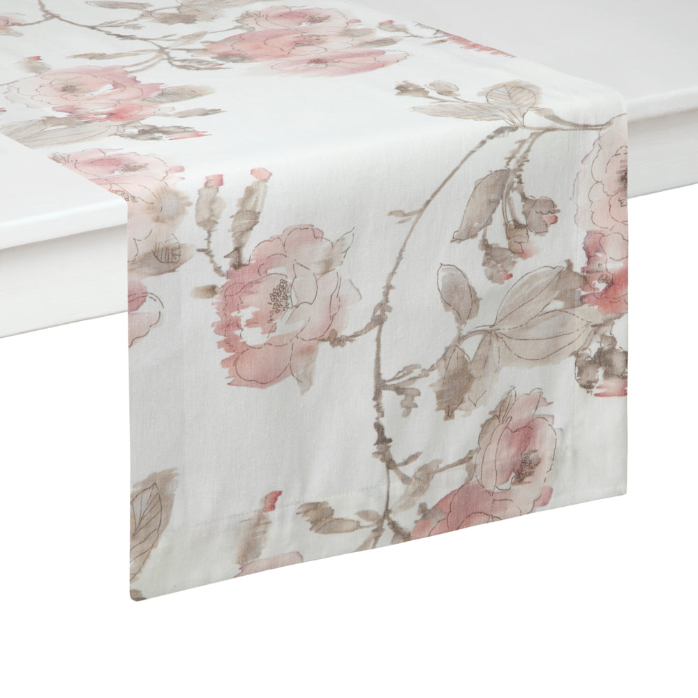 Draw your guests to the table with the whimsical pink florals of this stunning runner. Its muted colors and casual design add a touch of elegance to any event.